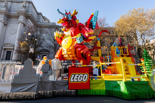 The Lego parade float is being prepared during the 96th Macy's Thanksgiving Day Parade balloon inflation at Central Park on November 23, 2022 in New York City. 