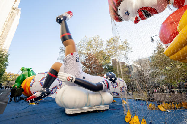 The Soccer Team USA balloon is being inflated during the 96th Macy's Thanksgiving Day Parade balloon inflation at Central Park on November 23, 2022 in New York City. 