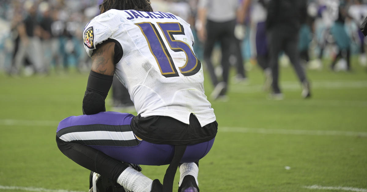 Baltimore Ravens defensive tackle Calais Campbell (93) jogs off the field  after a play during the first half of an NFL football game against the  Jacksonville Jaguars, Sunday, Nov. 27, 2022, in