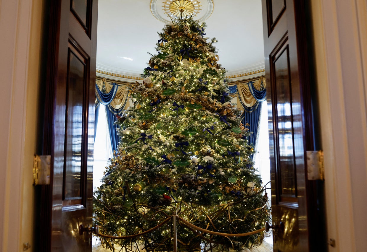 Christmas decorations on the theme "We the People" are unveiled during press tour at the White House 