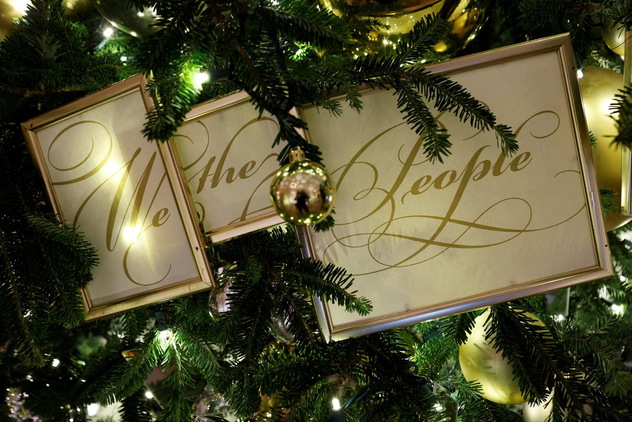 Christmas decorations on the theme "We the People" are unveiled at the White House 