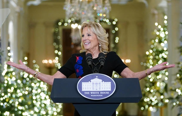 First lady Jill Biden thanks holiday decorators at the White House in Washington 