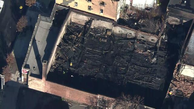 An aerial shot of a fire-damaged Salvation Army thrift store. 
