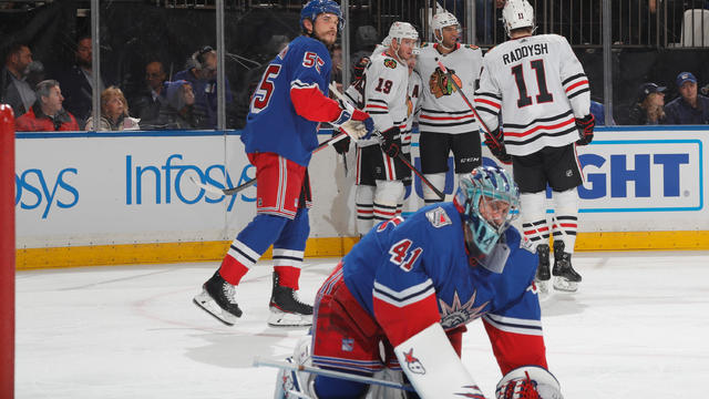Patrick Kane #88 of the Chicago Blackhawks celebrates with teammates after scoring a goal in the second period against Jaroslav Halak #41 of the New York Rangers at Madison Square Garden on December 3, 2022 in New York City. 