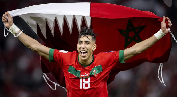 Jawad El Yamiq, Morocco, celebrates after the quarterfinal match at the World Cup between Portugal and Morocco at Al Thumama Stadium, Doha, Qatar, on December 10, 2022. 