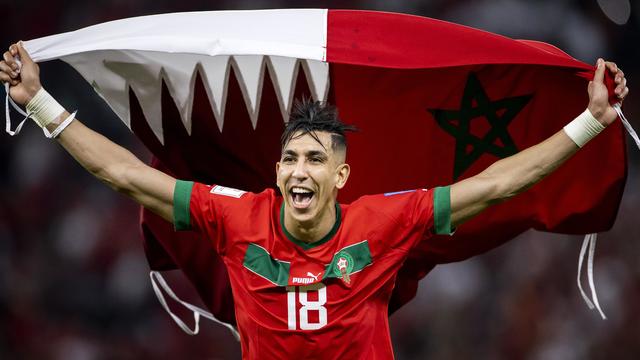 Jawad El Yamiq of Morocco celebrates after the World Cup quarterfinal match between Morocco and Portugal at Al Thumama Stadium on December 10, 2022, in Doha, Qatar. 