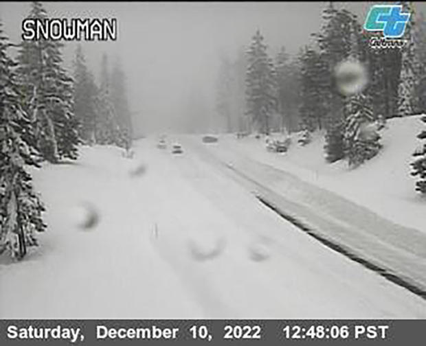 This image from a Caltrans traffic camera shows snow conditions on California SR-89 Snowman in Shasta-Trinity National Forest, California, Dec. 10, 2022. 