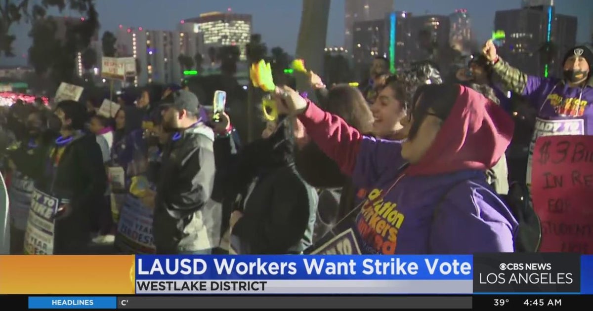 SEIU members rally in front of LAUSD headquarters in Westlake - CBS Los ...