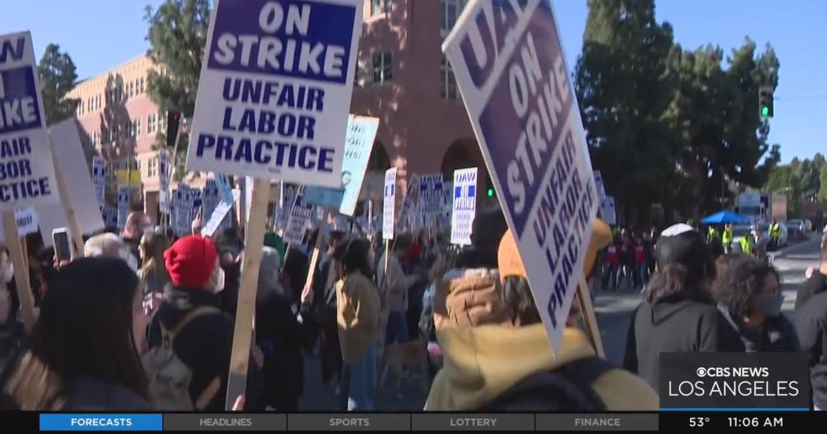 Striking UC workers rally outside UCLA Luskin Center - CBS Los Angeles
