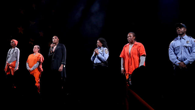 Fedna Jacquet, Shannon Matesky, Jordan E. Cooper, Ebony Marshall-Oliver, Crystal Lucas-Perry and MarchÃ¡nt Davis during the opening night curtain call for the new play "Ain't No Mo'" on Broadway at The Belasco Theatre on December 1, 2022 in New York City. 
