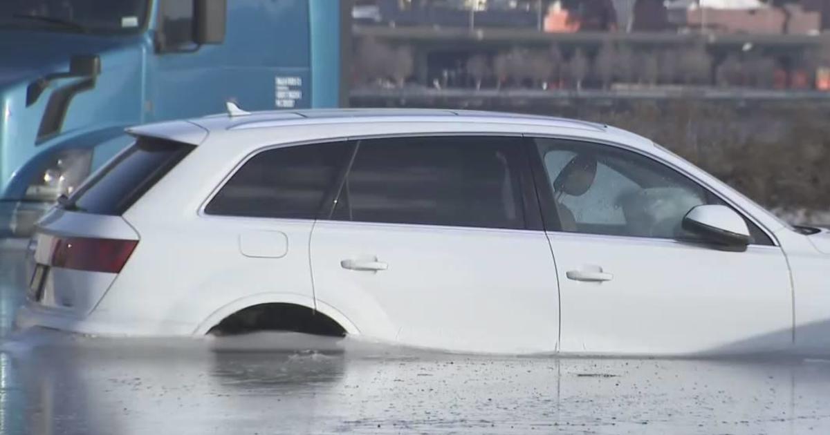 Cars stuck in frozen floodwaters in Edgewater, New Jersey