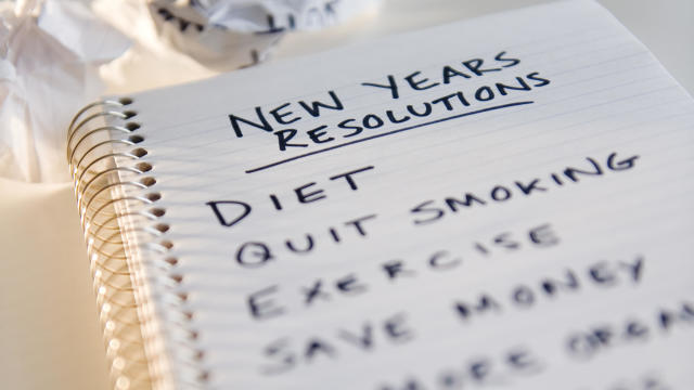 Close up of notebook with list of New Year's resolutions 