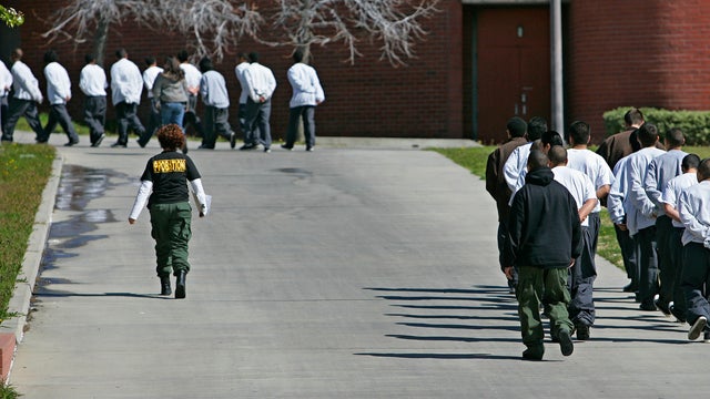 Inmates matching on the yard at Barry J. Nidorf Juvenile Hall in Sylmar, as they are moved between 