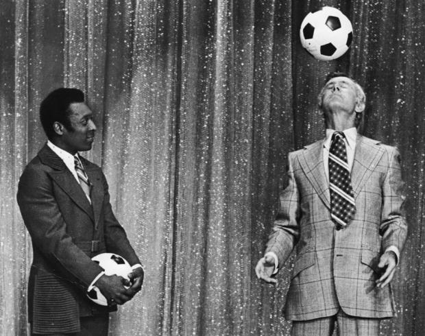 Soccer star Pele and Johnny Carson during a taping of the Tonight Show 
