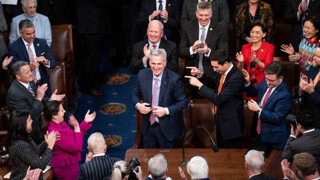 Republicans applaud Republican Leader Kevin McCarthy, R-Calif., at the end of the 15th vote to elect a Speaker of the House early Saturday morning, January 7, 2023. 