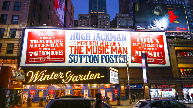 A huge banner of Meredith Willson's revival 'The Music Man', starring Hugh Jackman and Sutton Foster, is seen on Winter Garden Theatre on Broadway at Midtown Manhattan in New York, United States, on October 22, 2022. 