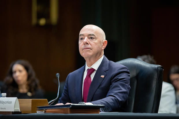 Secretary of Homeland Security Alejandro Mayorkas responds to lawmakers' questions during a Senate hearing on May 4, 2022. 