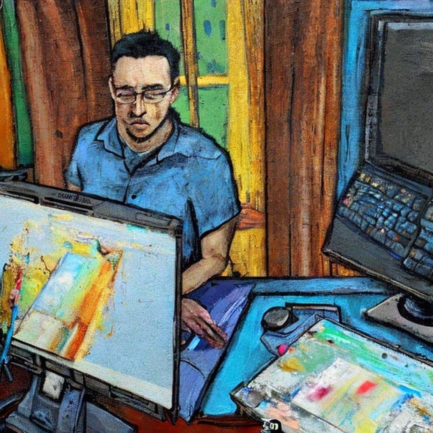 Artist surrounded by computers 