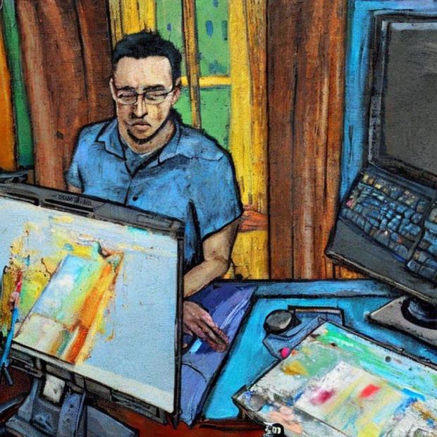 Artist surrounded by computers 
