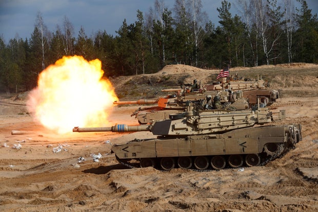 A U.S. Army M1 Abrams tank fires during a NATO exercise in Latvia on March 26, 2021