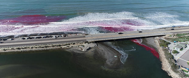 Non-toxic pink dye is released at Torrey Pines State Beach 