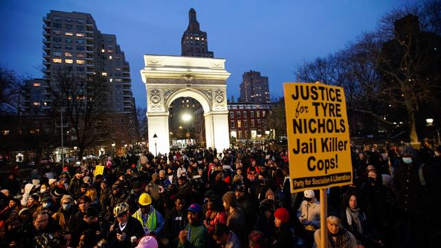 Protestors rally against the fatal police assault of Tyre Nichols, at Washington Square Park in New York City, on January 28, 2023. 
