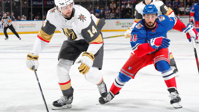 Nicolas Hague #14 of the Vegas Golden Knights skates against Vincent Trocheck #16 of the New York Rangers at Madison Square Garden on January 27, 2023 in New York City. 