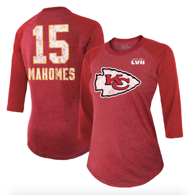 Patrick Mahomes Kansas City Chiefs Majestic Threads Women's Super Bowl LVII Name and Number Raglan 3/4 Sleeve T-Shirt 