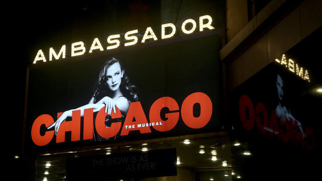 Signage for "Chicago" on Broadway at The Ambassador Theatre 