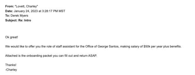 An email exchange between Myers and Santos Chief of Staff, Charley Lovett. 