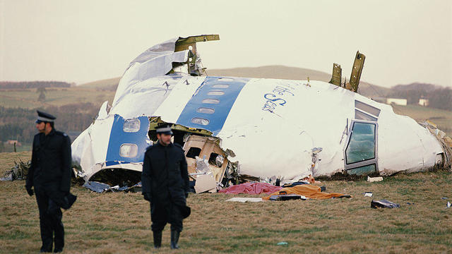 Some of the wreckage of Pan Am Flight 103 after it crashed onto the town of Lockerbie in Scotland, on Dec. 21, 1988. 