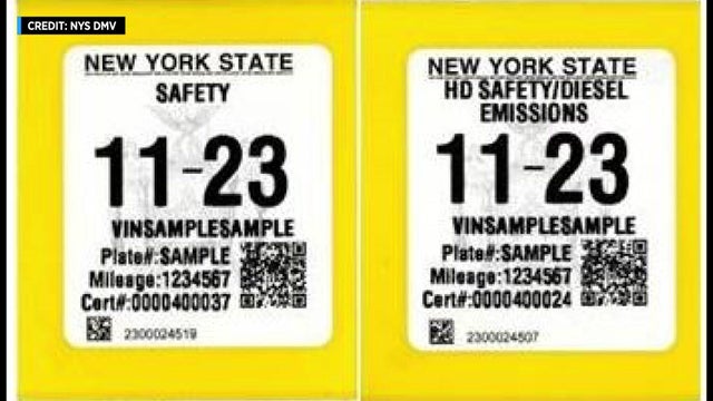 Two sample DMV inspection stickers side by side. 