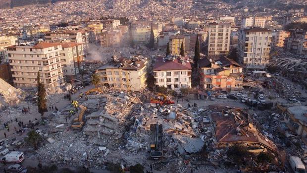An aerial photo shows collapsed buildings in Antakya on Feb. 11, 2023, after a 7.8-magnitude earthquake struck the country's southeast earlier in the week. 