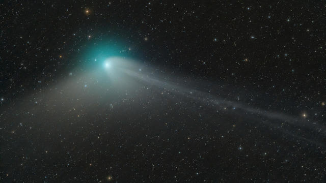 A green comet named Comet C/2022 E3 (ZTF), is seen journeying tens of millions of miles (km) away from Earth in this telescope image 