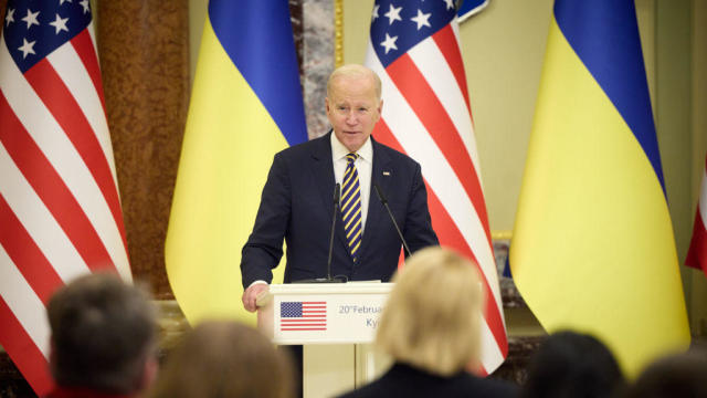 President Biden and Ukrainian President Volodymyr Zelenskyy hold a joint news conference in Kyiv, Ukraine, on Feb. 20, 2023. 