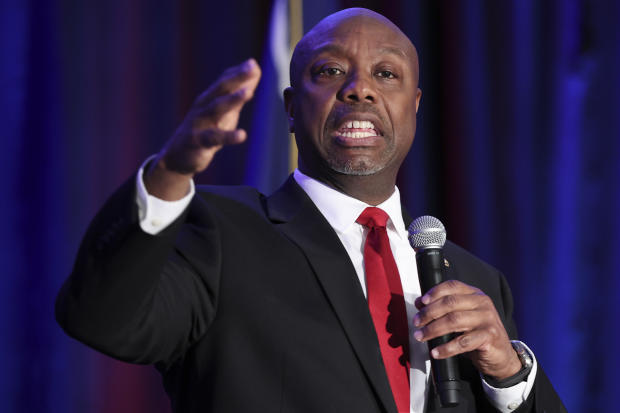 Sen. Tim Scott delivers remarks at the Charleston County Republican Party's Black History Month Banquet on Feb. 16, 2023, in Charleston, South Carolina.  