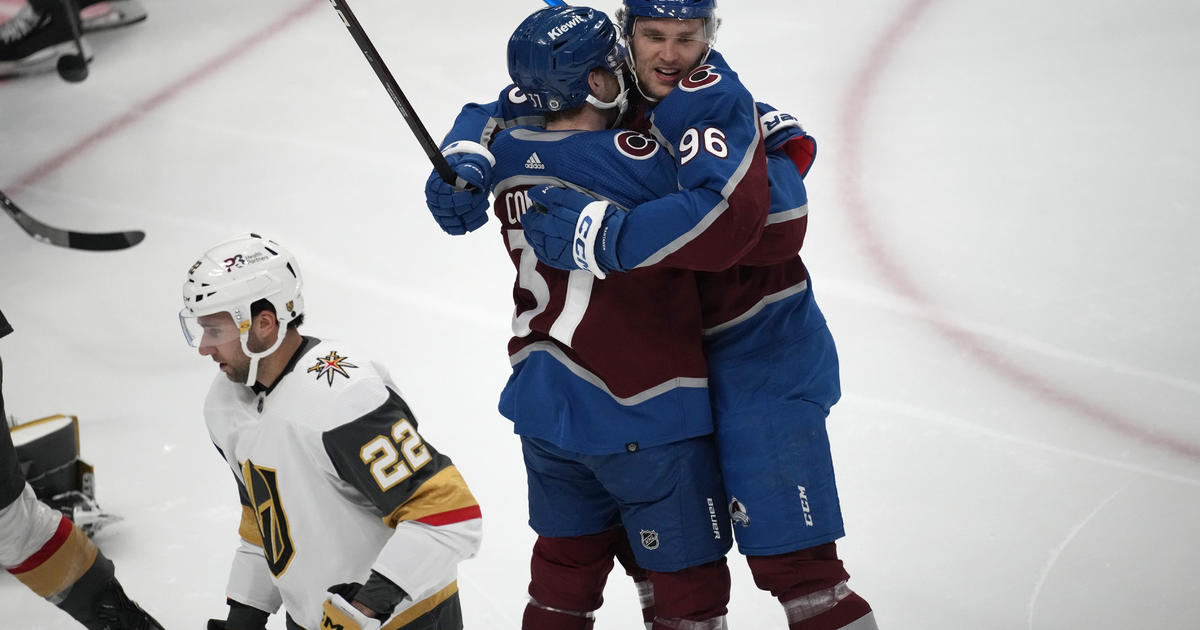 Colorado Avalanche right wing Mikko Rantanen, left, congratulates left wing  Gabriel Landeskog after he scored the winning goal against Vegas Golden  Knights in the shootout session of an NHL hockey …
