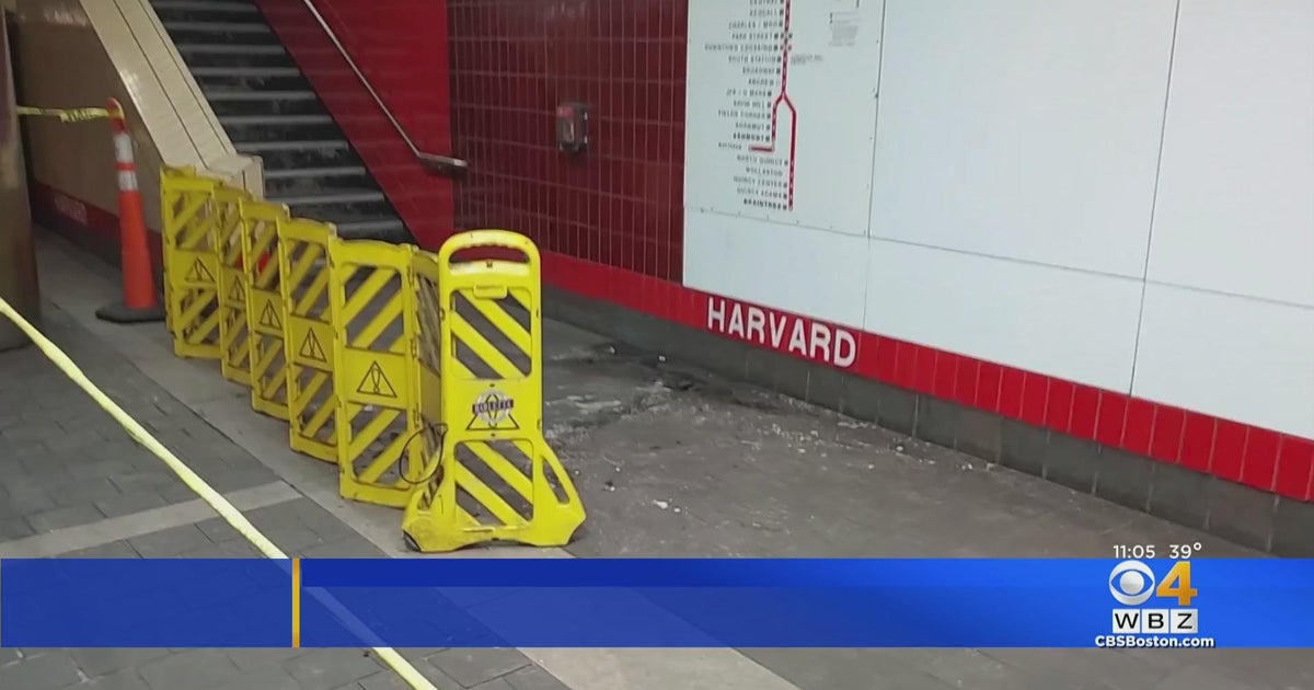 Piece of ceiling falls onto platform at Harvard Square Station - CBS Boston