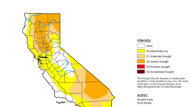 The U.S. Drought Monitor map of California as of Feb. 28, 2023 