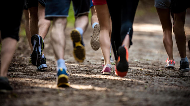 Large group of unrecognizable athletes running a marathon in nature. 