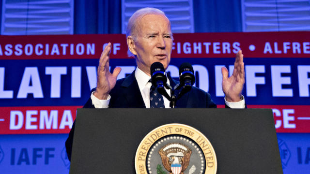 President Biden speaks at the International Association of Fire Fighters legislative conference in Washington, D.C., on Monday, March 6, 2023. 