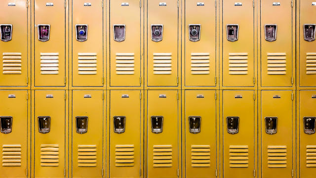 row of traditional metal school lockers 