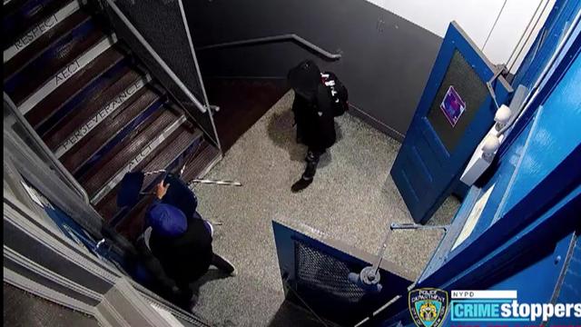 Surveillance video of two suspects wanted in a rash of robberies at schools in the Bronx. 