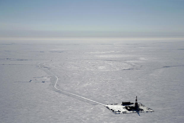 This 2019 aerial photo provided by ConocoPhillips shows an exploratory drilling camp at the proposed site of the Willow oil project on Alaska's North Slope. 