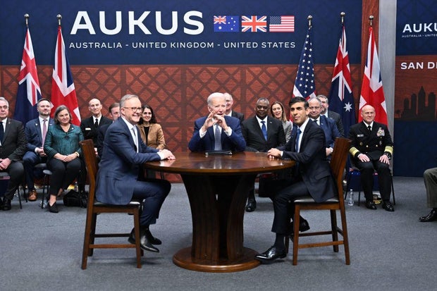 President Biden participates in a trilateral meeting with British Prime Minister Rishi Sunak and Australia's Prime Minister Anthony Albanese during the AUKUS summit on March 13, 2023.