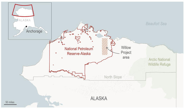 A map showing the lands approved for use in the WIllow Project in Alaska. 