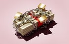 Stack of $100 notes in chains and padlocks. 