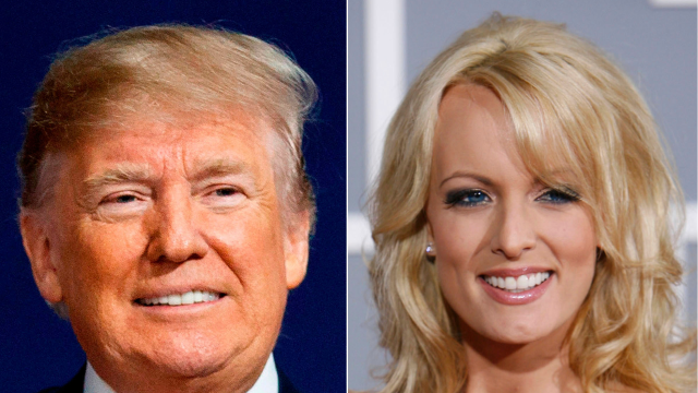 This combination of file photos shows former President Donald Trump and adult film actress Stormy Daniels. 