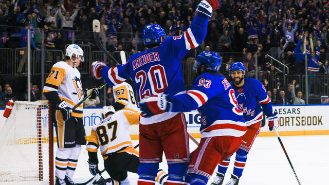 Chris Kreider #20 of the New York Rangers reacts after scoring a goal in the third period against the Pittsburgh Penguins at Madison Square Garden on March 16, 2023 in New York City. 