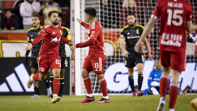 Luquinhas #82 of New York Red Bulls celebrates his goal in the second half of the Major League Soccer match against Columbus Crew at Red Bull Arena on March 18, 2023 in Harrison, New Jersey. 